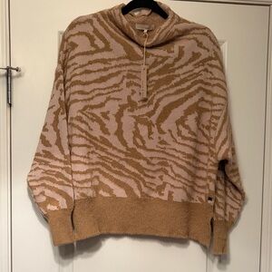 Cozy Zebra-Stripe Cowl Sweater - Taupe & Blush